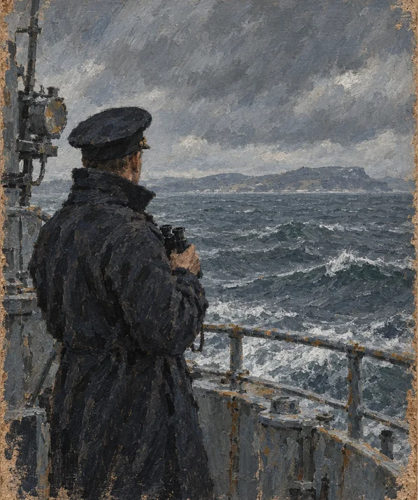 An artist’s impression of the 23rd Lord Kinfauns on the bridge of a warship