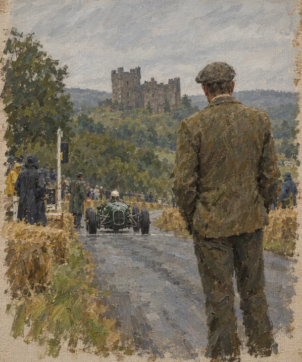 A painting of the 24th Lord Kinfauns at a hill climb below Doune Castle