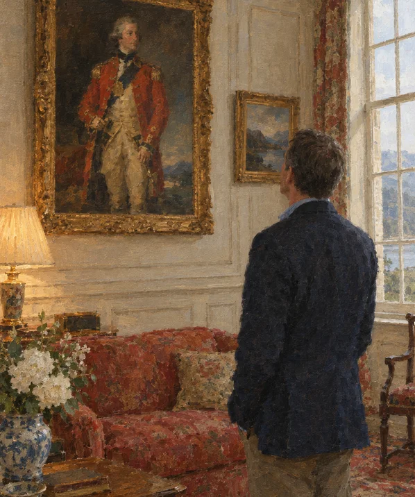 A painting of the 25th Lord Kinfauns in a drawing room beneath an ancestral portrait